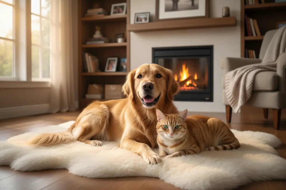 Smiling golden retriever and alert tabby cat resting together on a fluffy white rug by a warm fireplace in a cozy living room