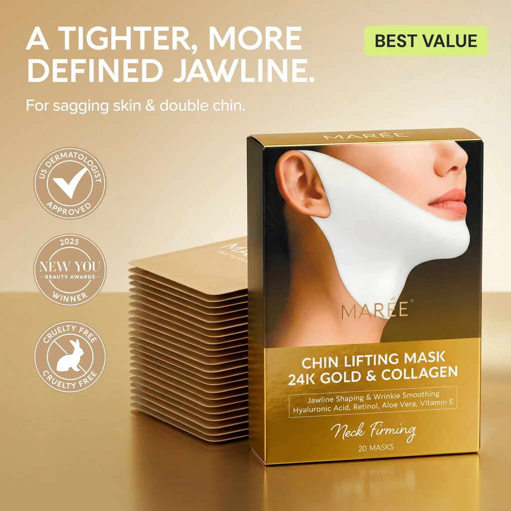 Maree 24K Gold V-Line Lifting Mask – Jawline & Double Chin Mask with Collagen & Retinol, 20 PCS Maree