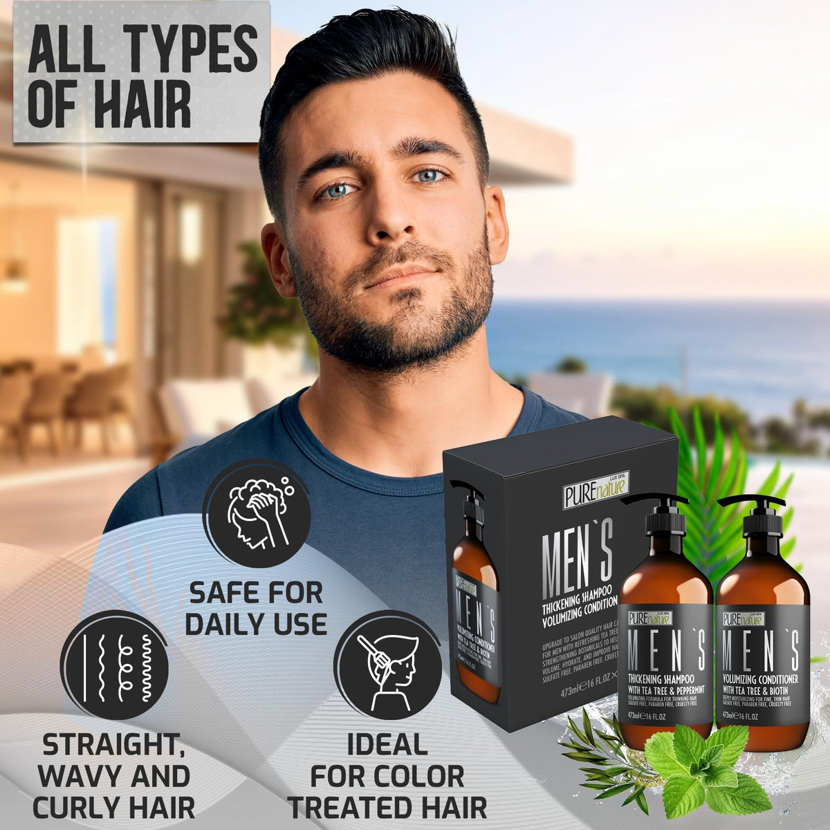 Mens Shampoo and Conditioner Set   Sulfate Free Strengthening and Thickening Formula for Fuller Hair   Helps with Thinning Hair   Formulated for Men   16 Fl Oz (Set of 2)