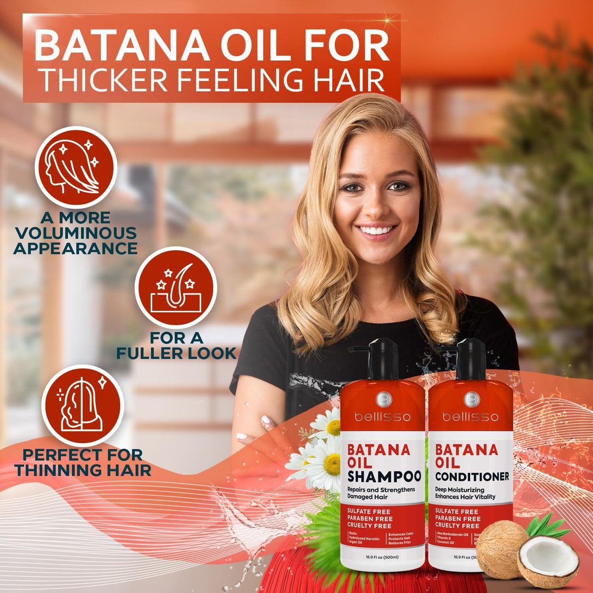Batana Oil Shampoo and Conditioner Set   Thickening Hair Products for Women and Men   For Strengthening and Volumizing Fine and Thinning Hair   Sulfate Free with Biotin and Keratin for a Fuller Look